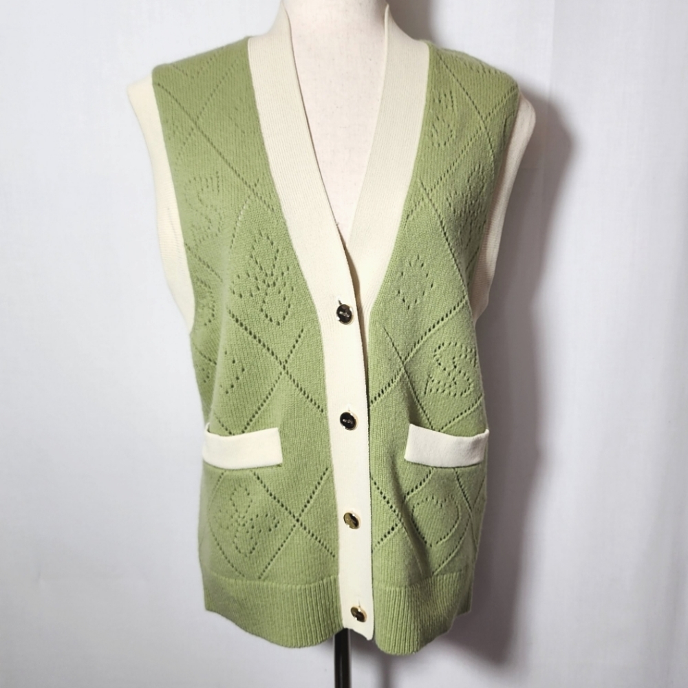 Sandro Green and Cream Knit Button Front Vest